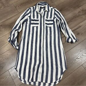 Sharagano Button Up Shirt Dress Rayon Navy White Striped Long sleeves Size 6